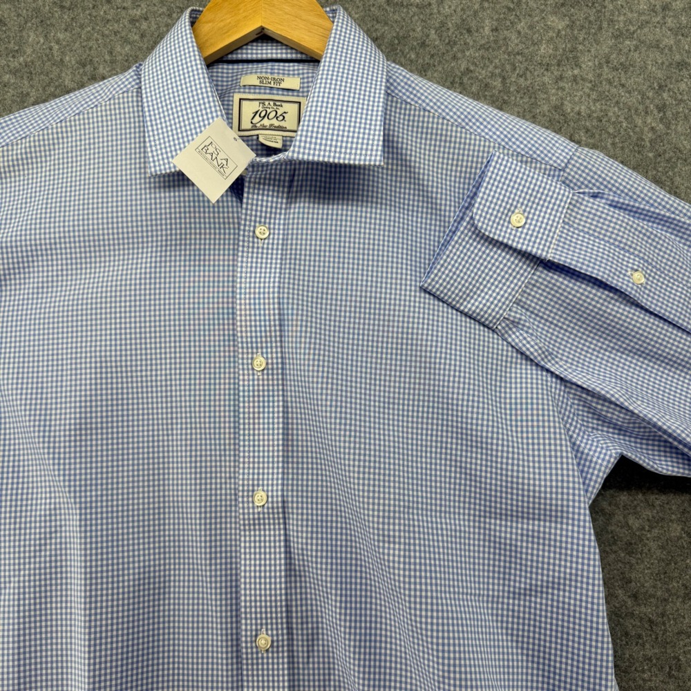 NEW Jos. A. Bank Dress Shirt Mens 16 34 Blue Gingham Non-Iron Slim Fit 1905